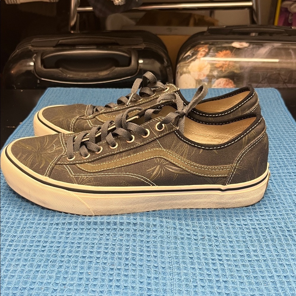 Vans Black and Gray Palm Tree Patterned Sneakers with Green Stripe, and accents